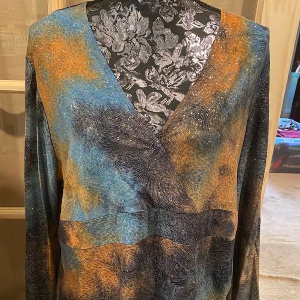 MKM Designs Earthtone Sparkle Crossover Blouse, XL